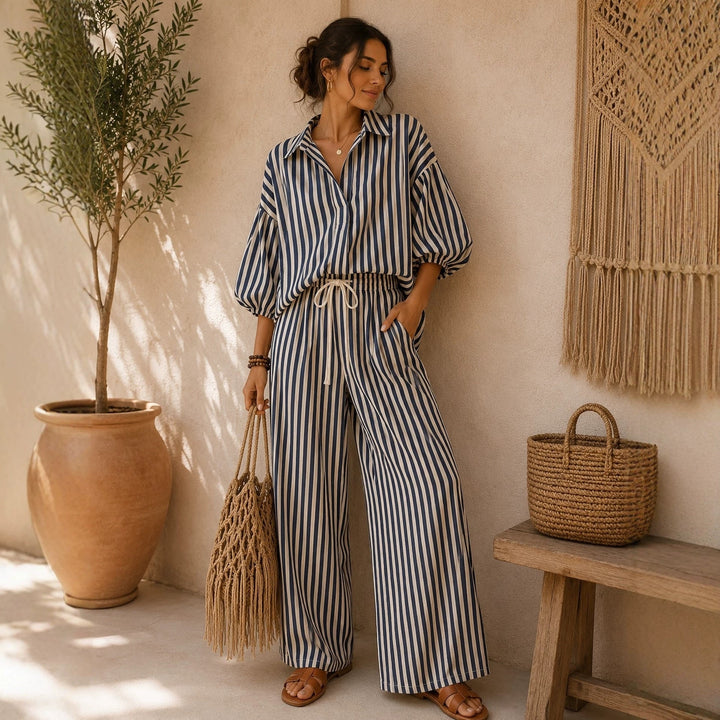 Women's Striped Shirt and Pants Set – Relaxed Lantern Sleeve Design