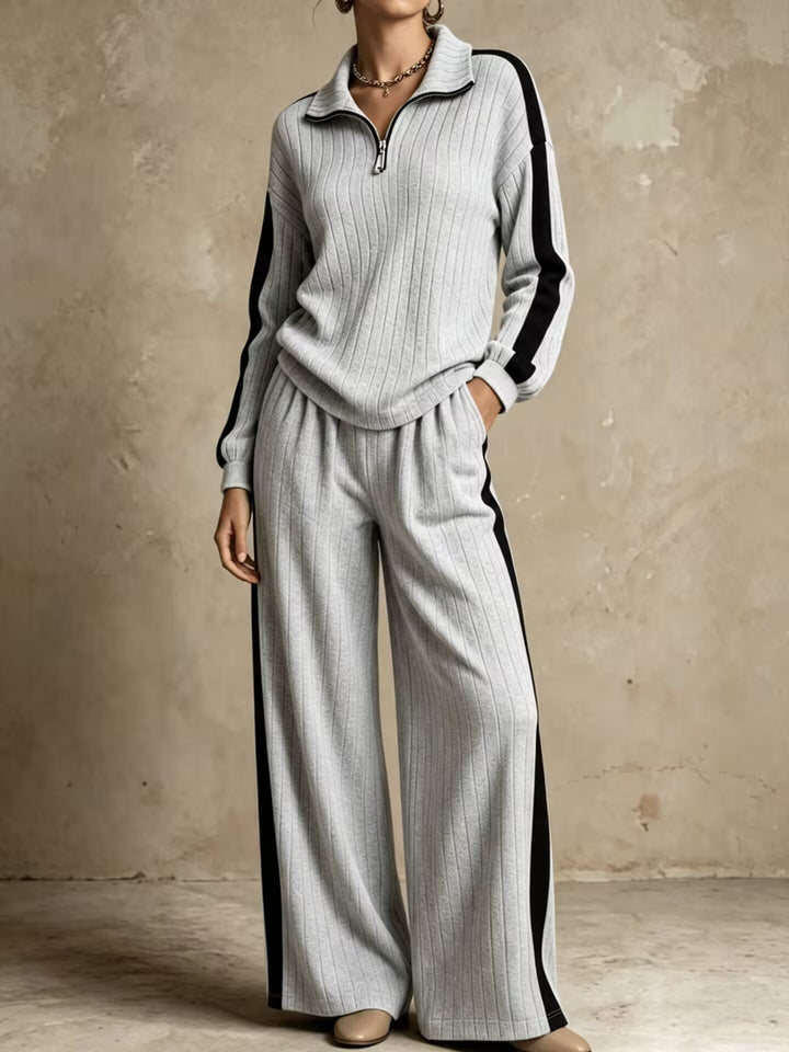 Women's Two Piece Lounge Set – Ribbed Knit Half-Zip Top & Pants