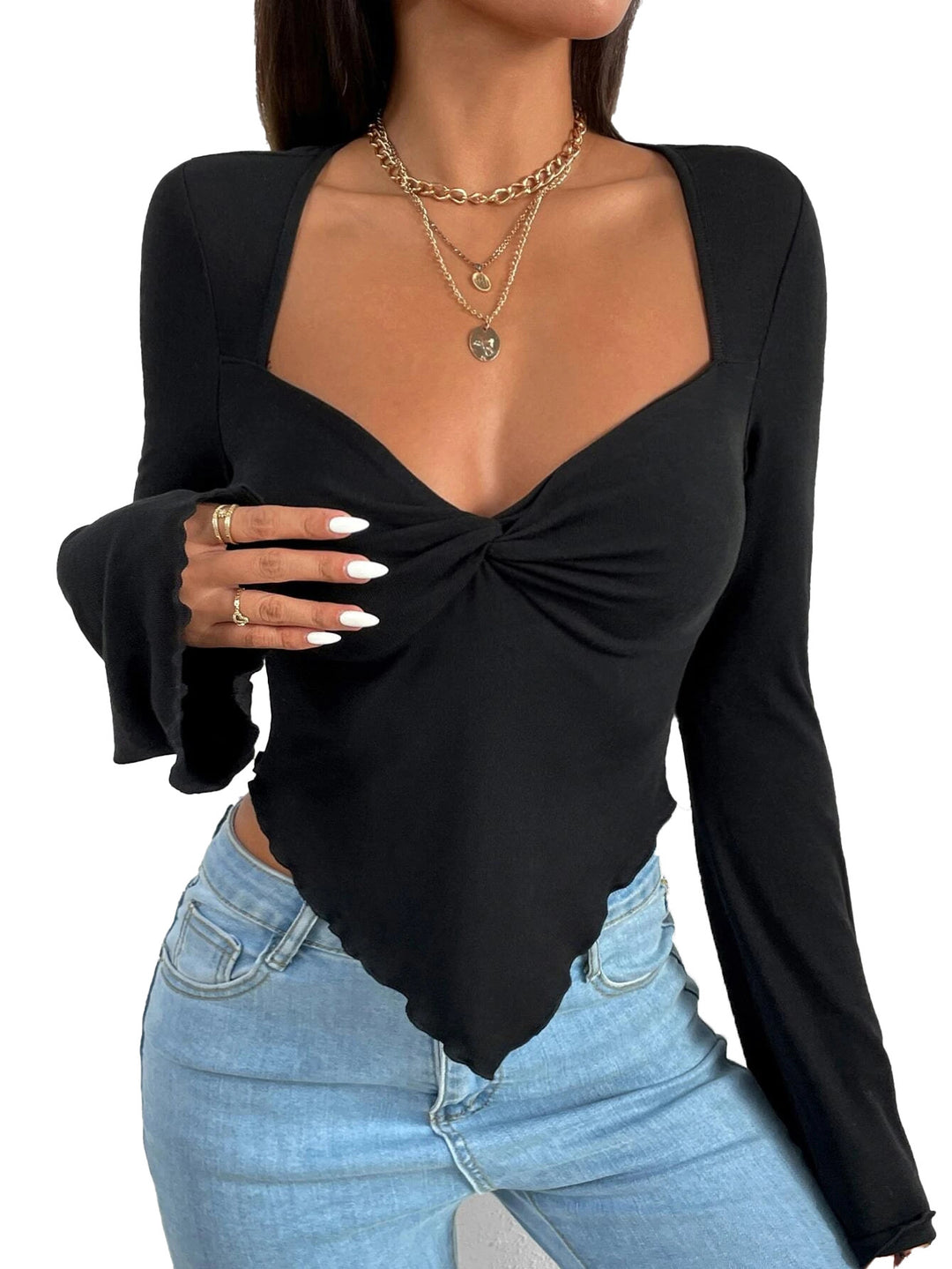 Women's Flared Sleeve V-Neck Top – Waist-Shaping Pullover Style