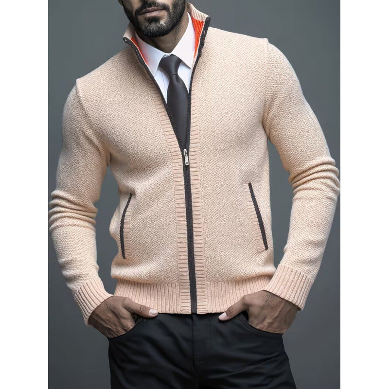 Men's Knitted Cardigan – Stand Collar & Zip-Front Design
