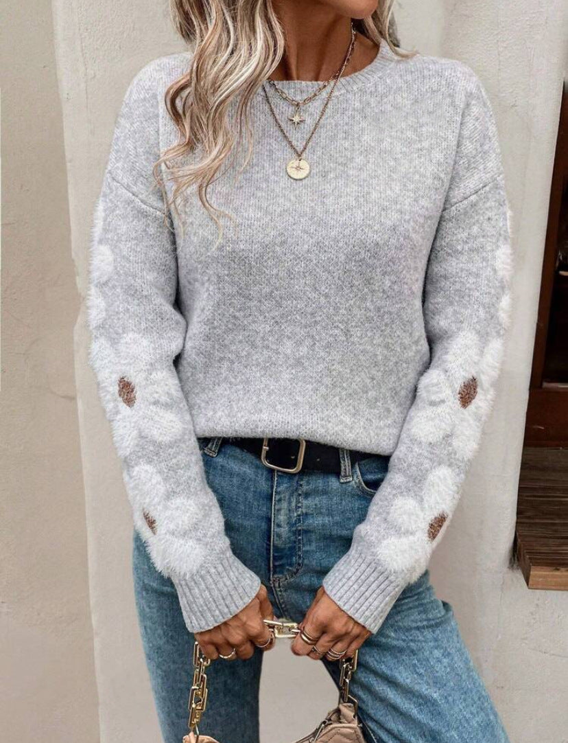 Women's Sweater Jacquard Knit – Crocheted Floral Detail Loose Fit