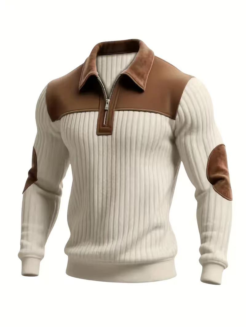 Men's Knit Pullover Sweater – Notched Collar Patchwork, Embroidered Zip