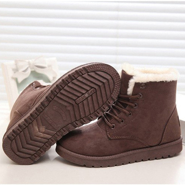 Women's Snow Boot – Textured Cotton Upper, Flat Heel, Lace-Up Bow