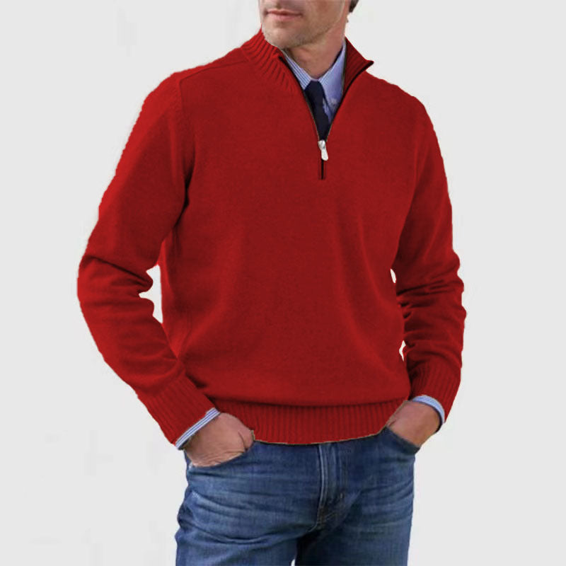 Men's Stand Collar Knitted Sweater – Zipper Detail Long Sleeve Design