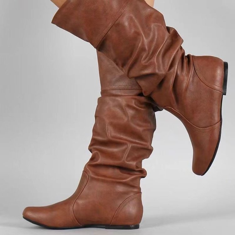 Women's Knee-High Flat Boot – Vegan Leather Slim Shaft Slip-On