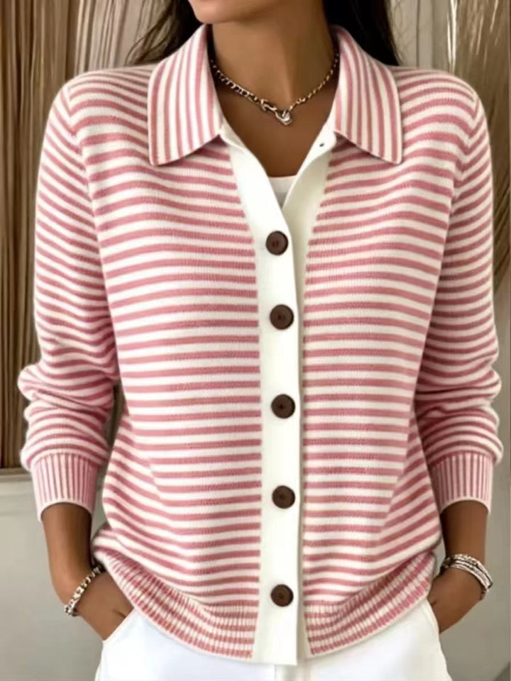 Women's Striped Knit Cardigan Button-Down Soft Cotton Layered Sweater
