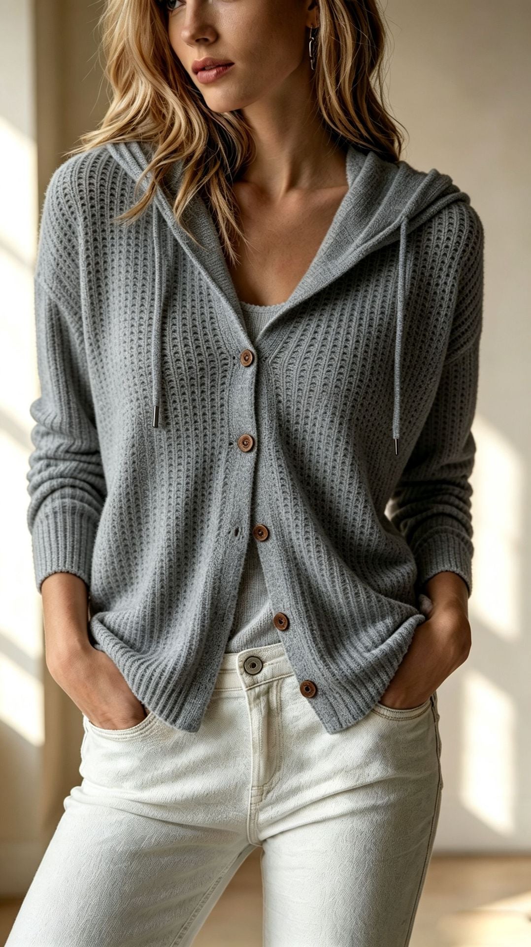 Women's Knit Button Cardigan Hoodie – Drawstring Hood & Classic Comfort