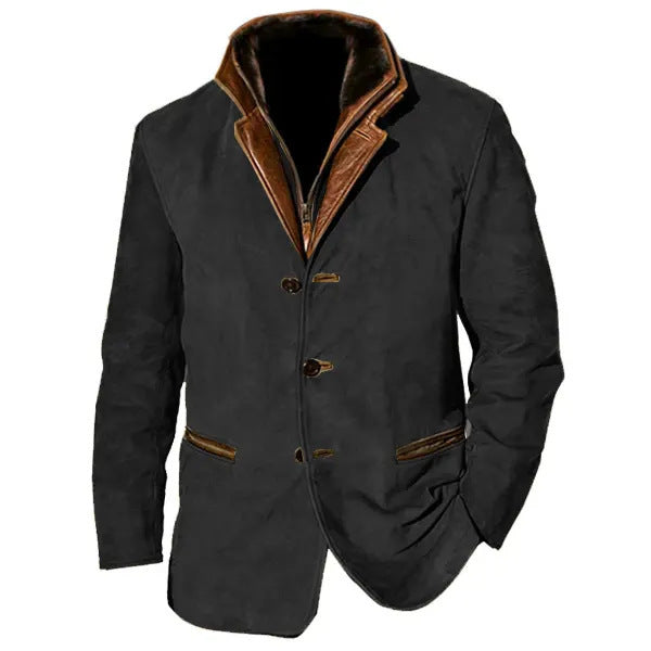 Men's Patchwork Jacket – Retro Style with Contrast Collar & Patch Pockets