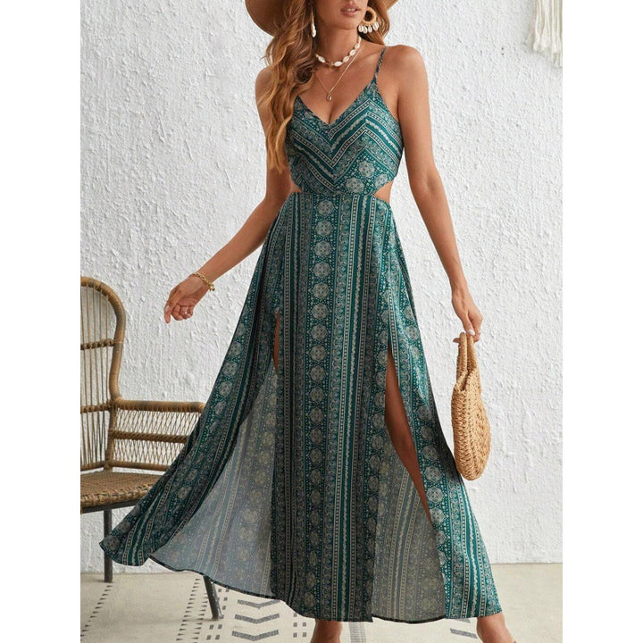 Women's Slip Dress – Floral Print Backless Strappy with Slit Detail