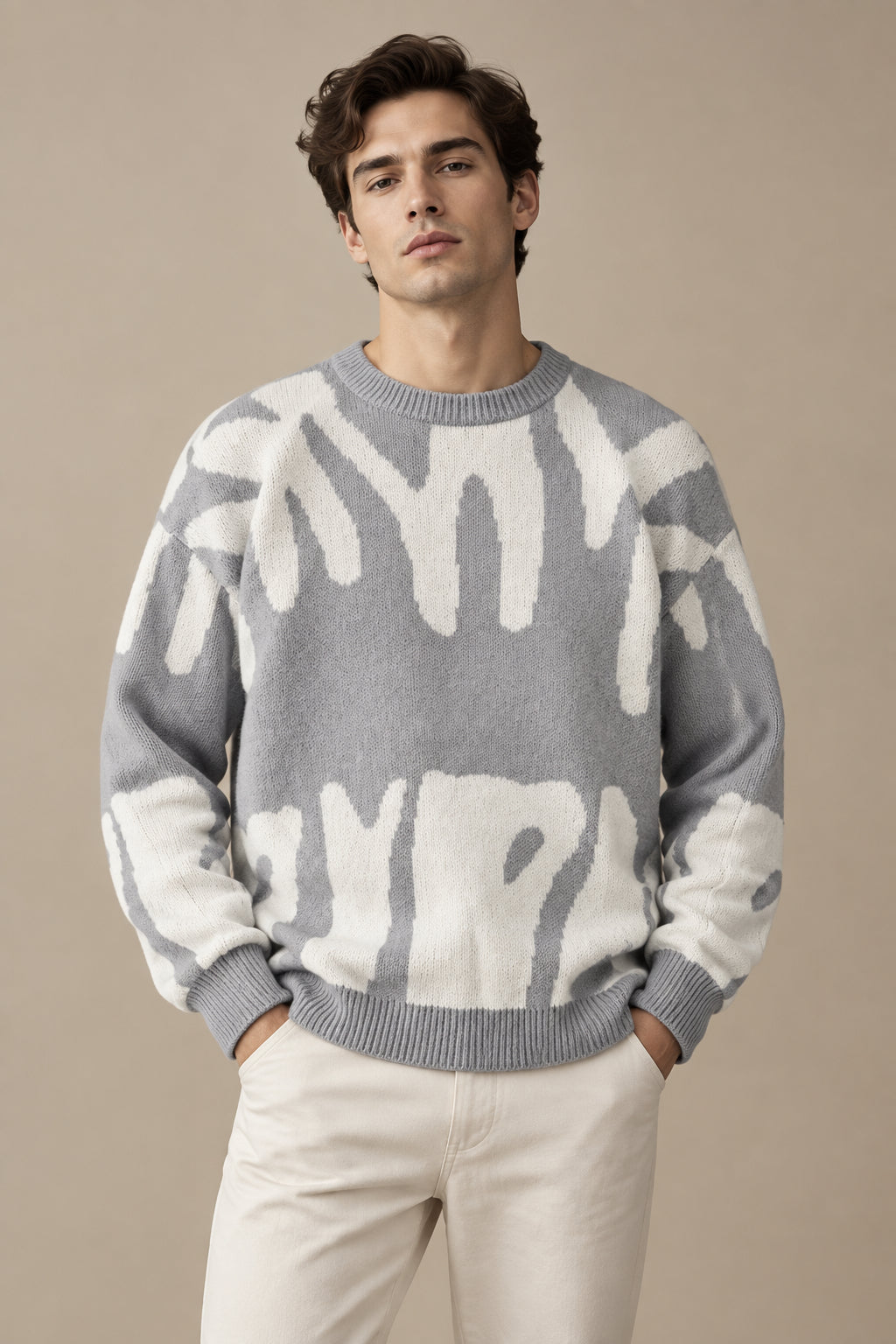 Men's Knit Sweater – Minimalist Print, Loose Casual Pullover