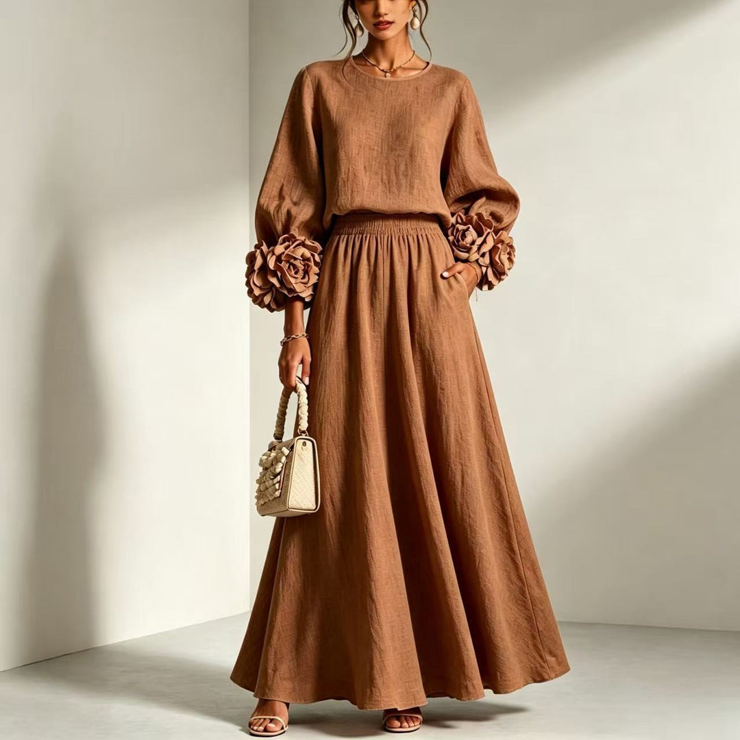 Women's Rose Puff-Sleeve A-Line Skirt Set – Dimensional Floral Detail