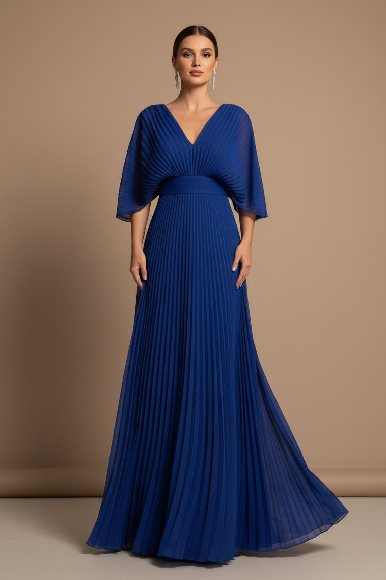 A-Line Maxi Dress in Easy-Care Fabric – V-Neck, Batwing Sleeve