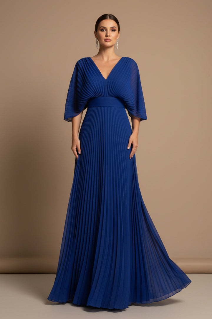 A-Line Maxi Dress in Easy-Care Fabric – V-Neck, Batwing Sleeve