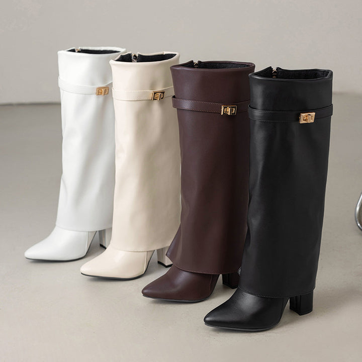 Women's Vegan Leather High Shaft Boot – Pointed Toe, Metal Buckle