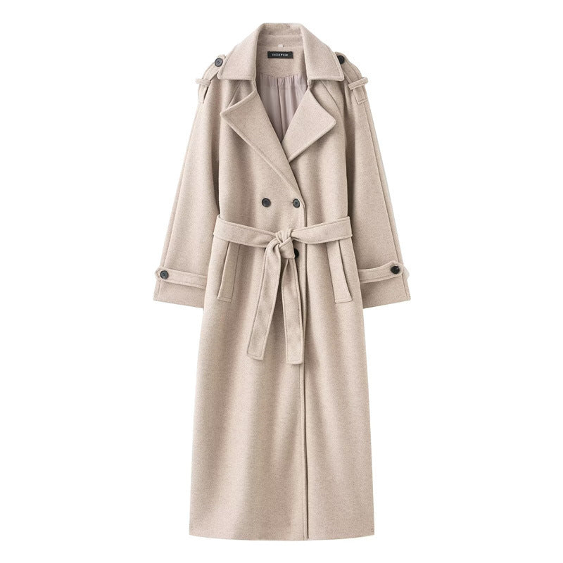 Women's Double-Breasted Long Coat – Belted, Notch Lapel Silhouette