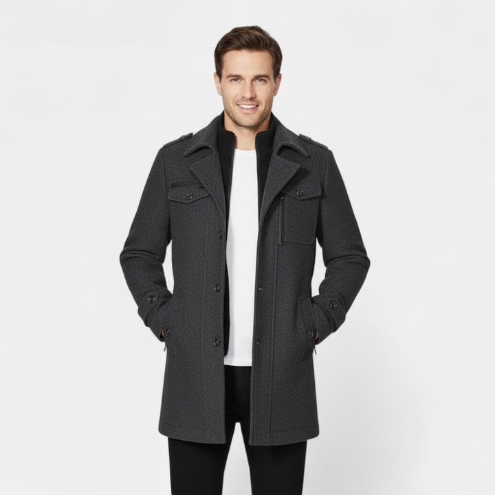 Men's Mid-Length Wool Coat – Double Collar, Quilted Lining