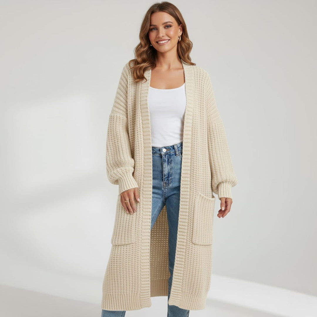 Women's Longline Knitted Cardigan – Open Front Mid Calf