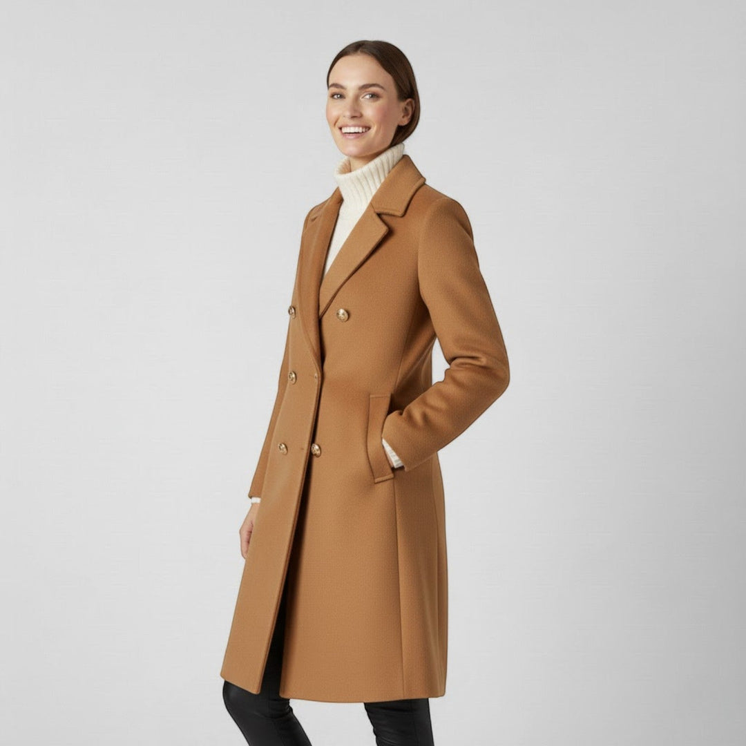 Women's Long Tweed Coat – Double Breasted with Buckle