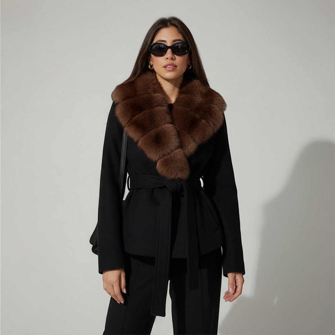 Women's Belted Winter Coat – Faux Fur Collar, Fitted Waist