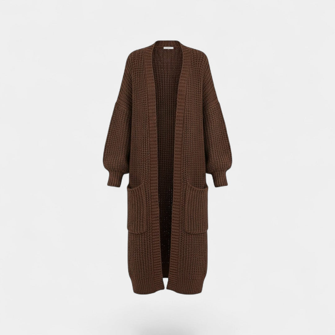 Women's Longline Knitted Cardigan – Open Front Mid Calf