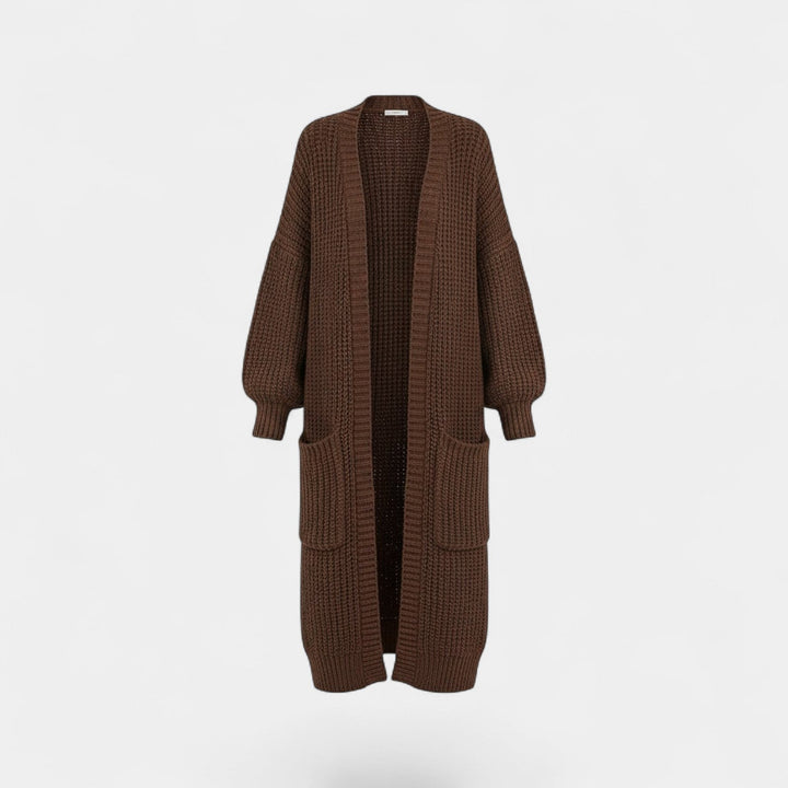Women's Longline Knitted Cardigan – Open Front Mid Calf
