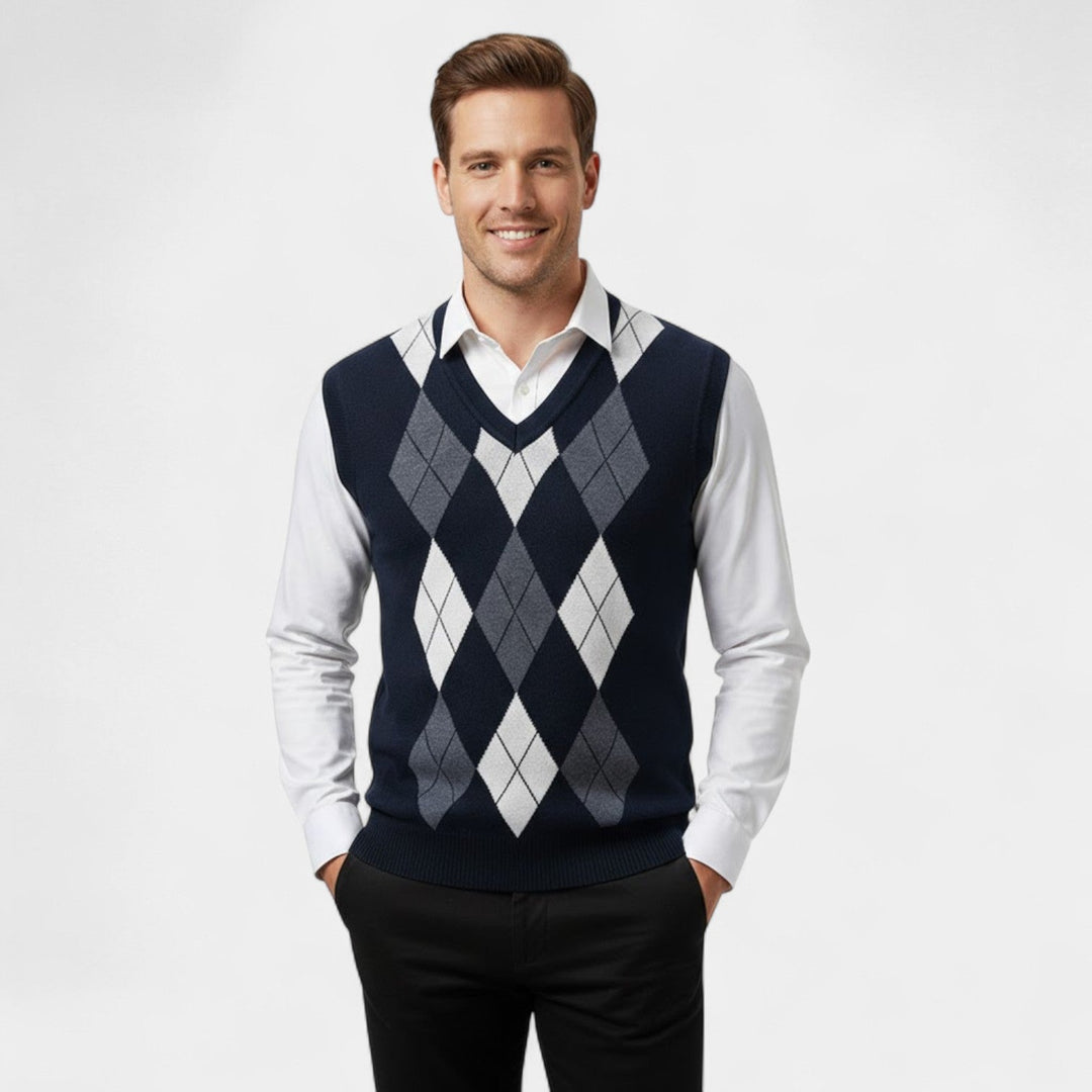 Men's Knitted Vest – Checked V-Neck, Sleeveless Cut