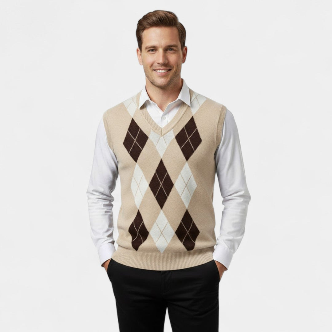 Men's Knitted Vest – Checked V-Neck, Sleeveless Cut