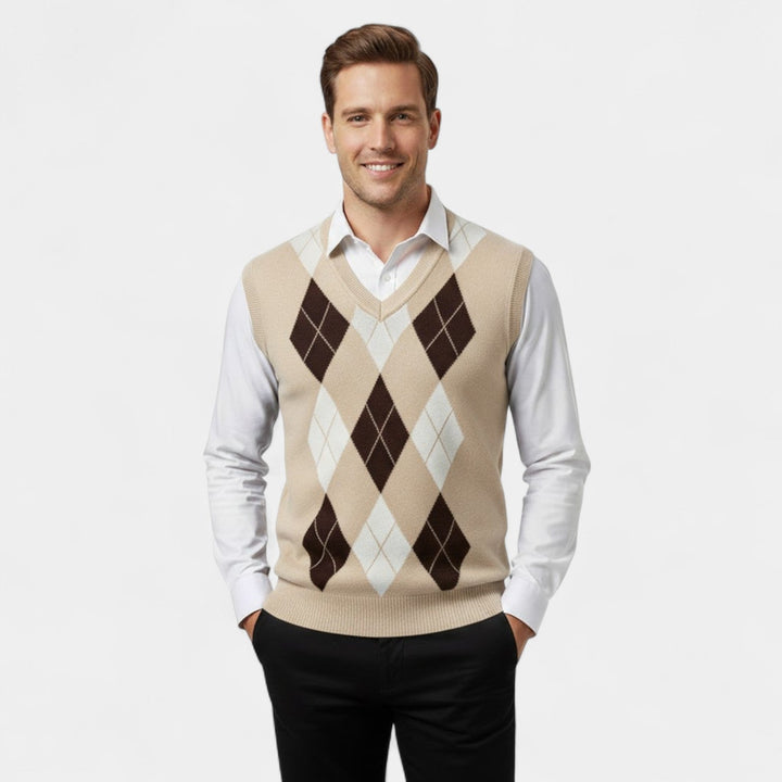 Men's Knitted Vest – Checked V-Neck, Sleeveless Cut