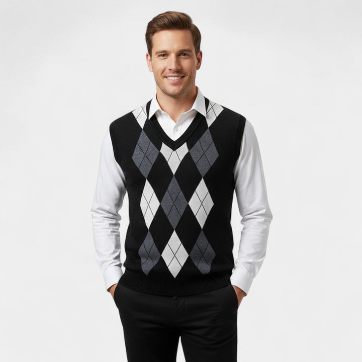 Men's Knitted Vest – Checked V-Neck, Sleeveless Cut