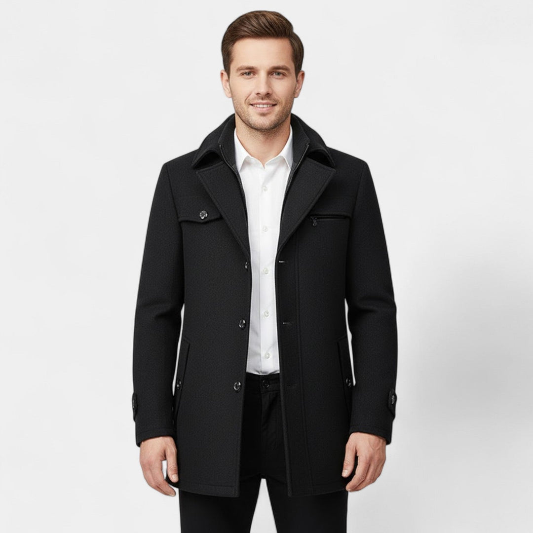 Men's Pure Wool Coat – Zip and Button Stand Collar