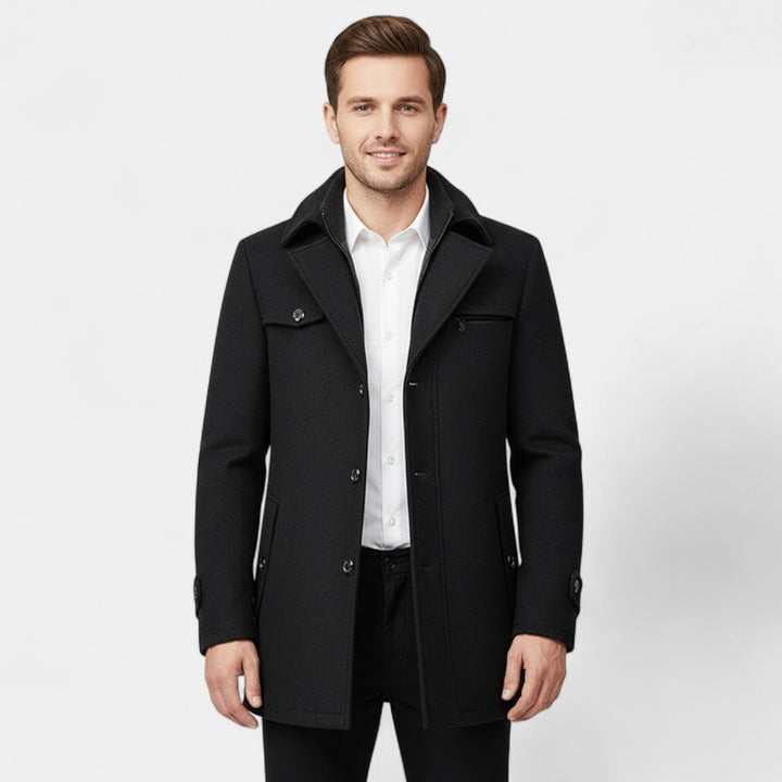 Men's Pure Wool Coat – Zip and Button Stand Collar