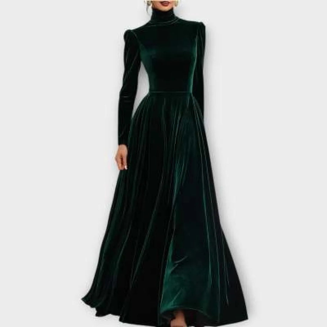Women's Maxi Dress in Structured Fabric – High Neck & Puffed Sleeves