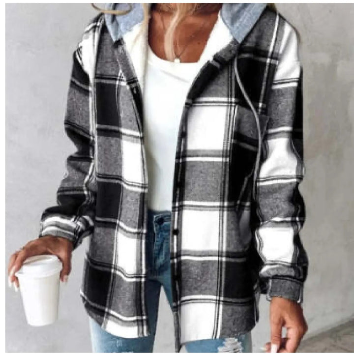 Plaid Hooded Jacket for Women – Button Front, Casual Cotton Blend