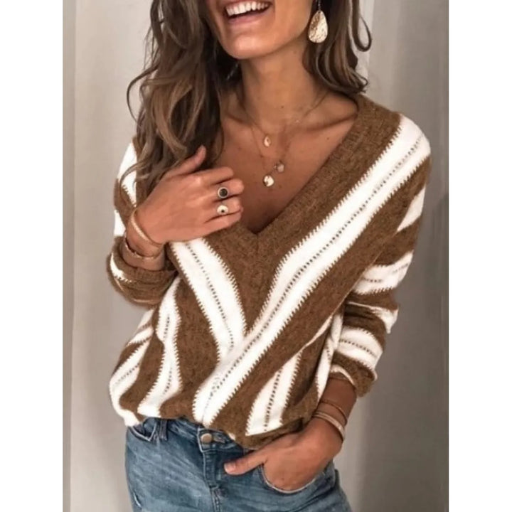 Women's Striped Sweater – Soft Knit V-Neck, Loose Fit