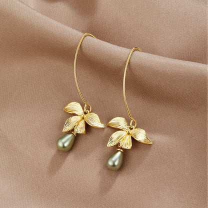 Jade Green Pearl and Petal Drop Earrings