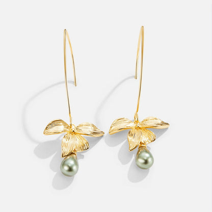 Jade Green Pearl and Petal Drop Earrings