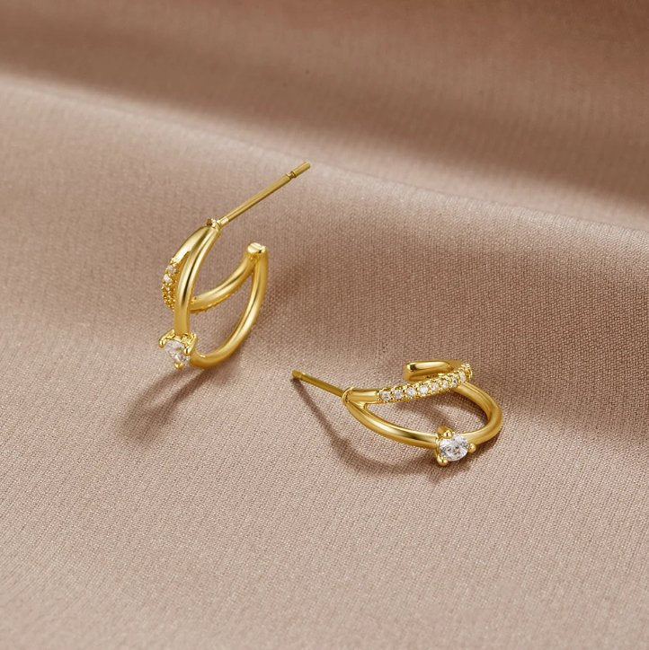 Layered Crystal Gold-Tone Hoop Earrings