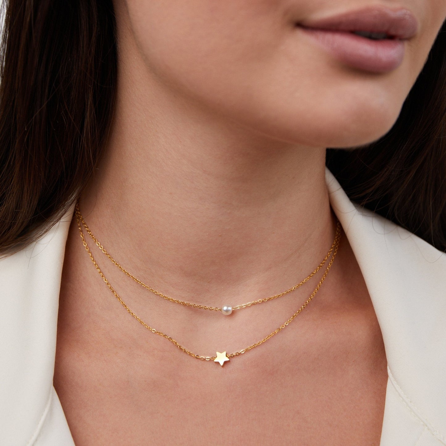 Layered Gold-Tone Star and Pearl Necklace