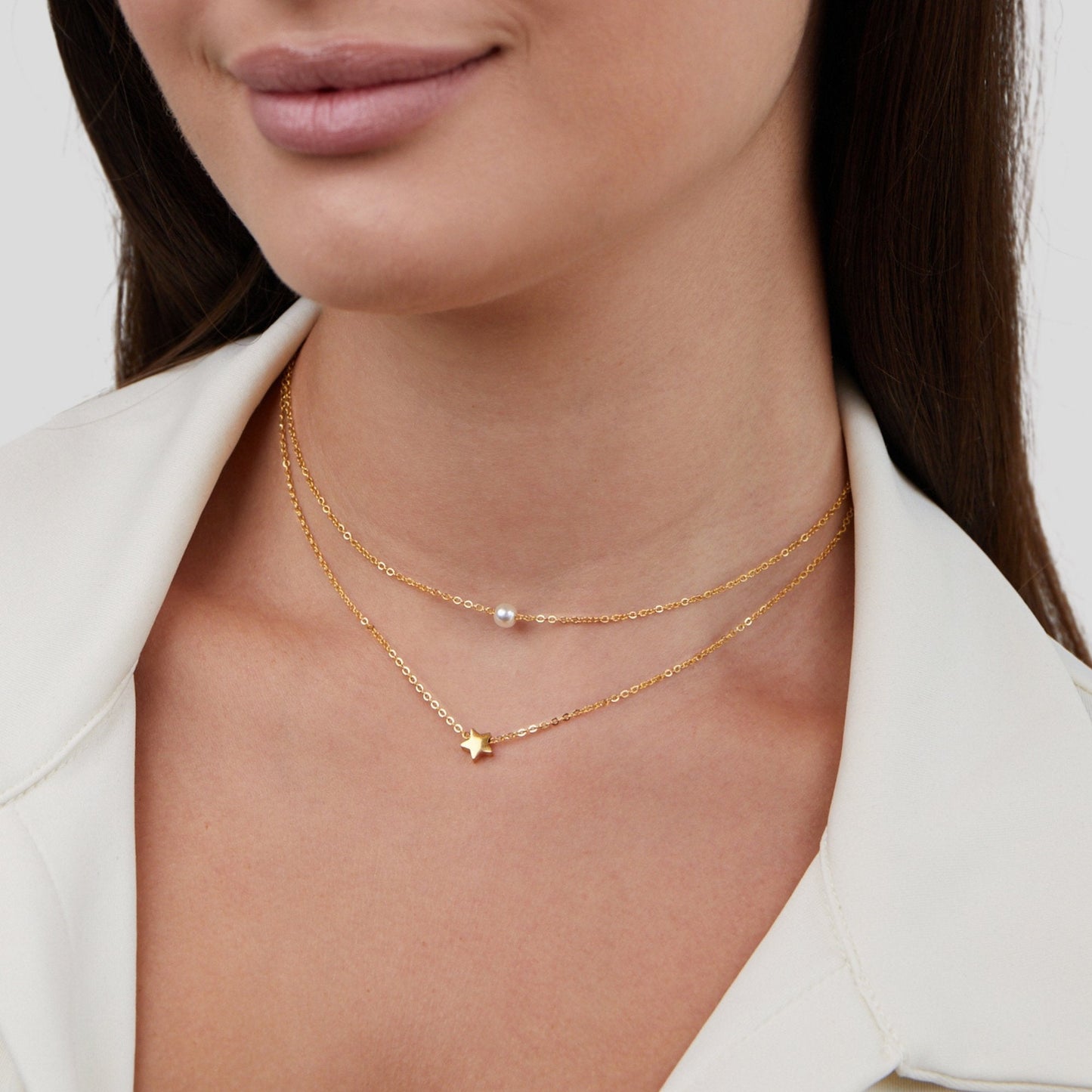 Layered Gold-Tone Star and Pearl Necklace