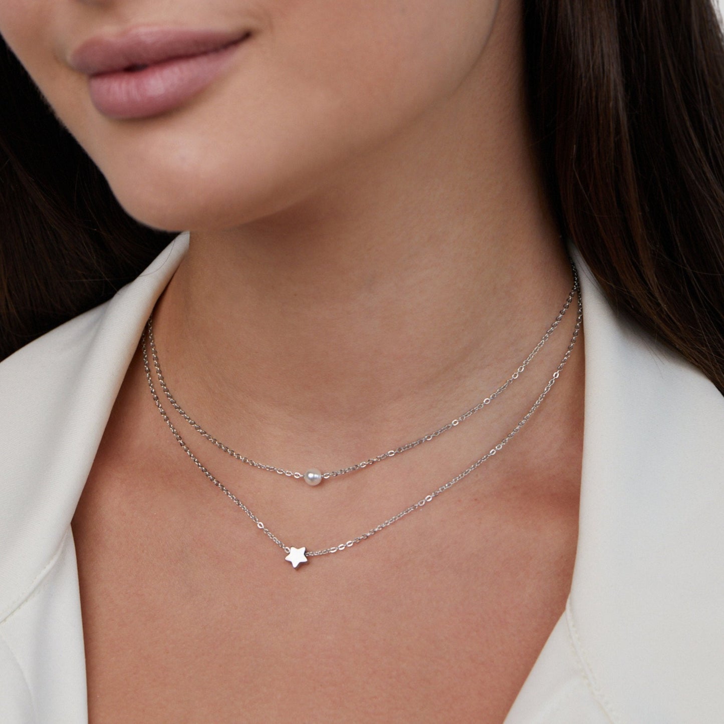 Silver-Tone Star and Pearl Layered Necklace