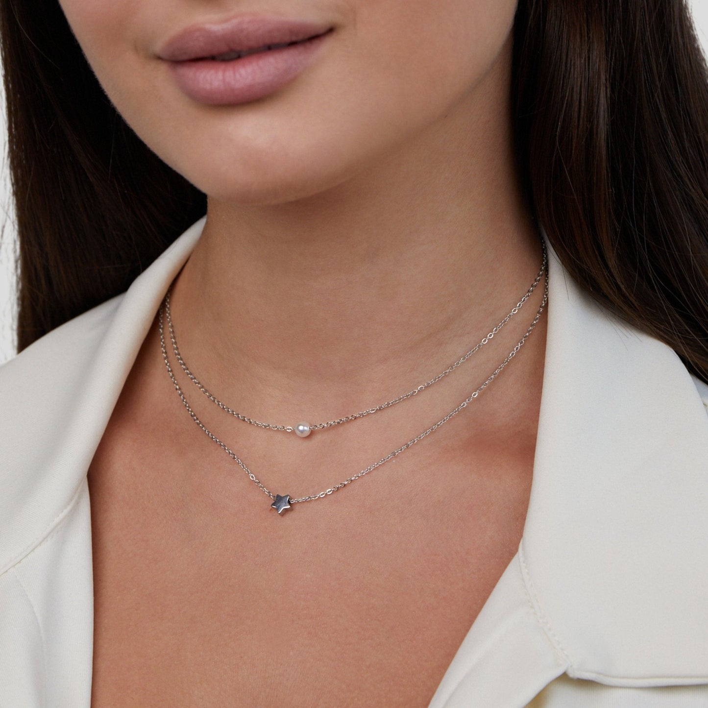 Silver-Tone Star and Pearl Layered Necklace