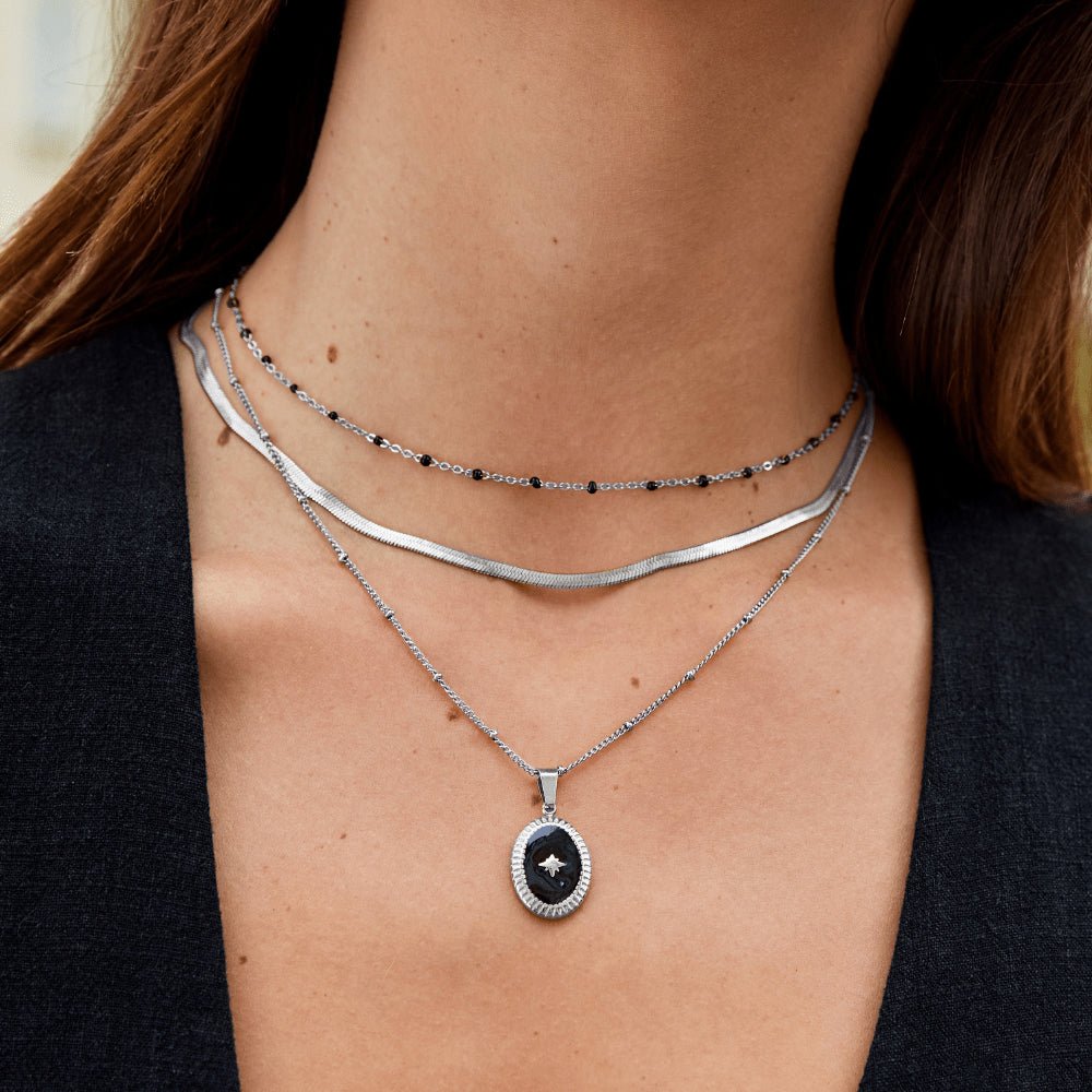Mila Black Bead Silver-Tone Necklace