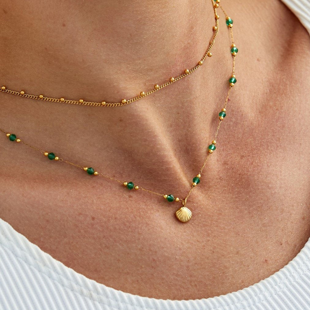 Nerissa Gold-Tone Shell and Green Bead Necklace