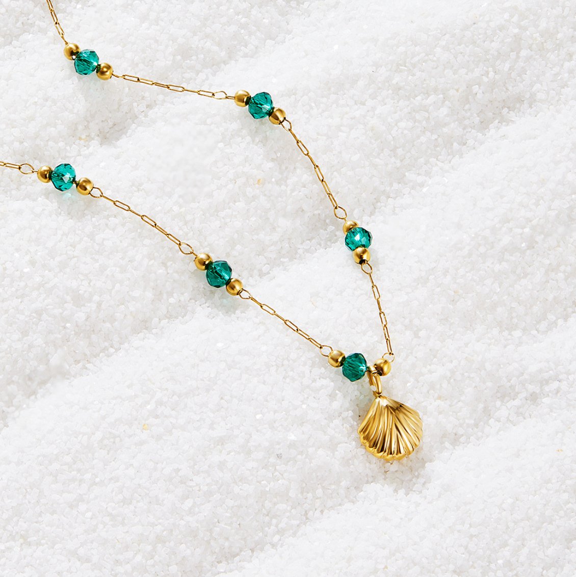 Nerissa Gold-Tone Shell and Green Bead Necklace