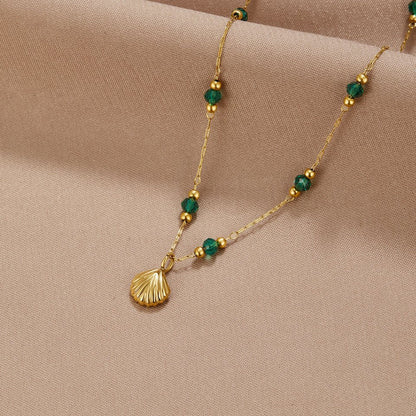 Nerissa Gold-Tone Shell and Green Bead Necklace