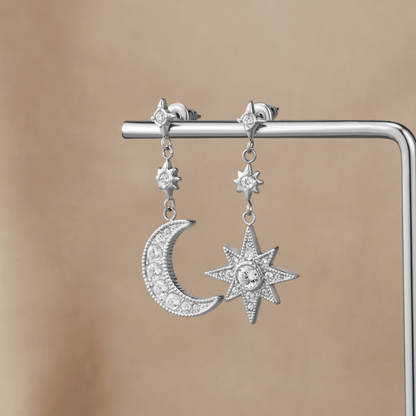 Silver-Tone Crystal Moon & Star Earrings