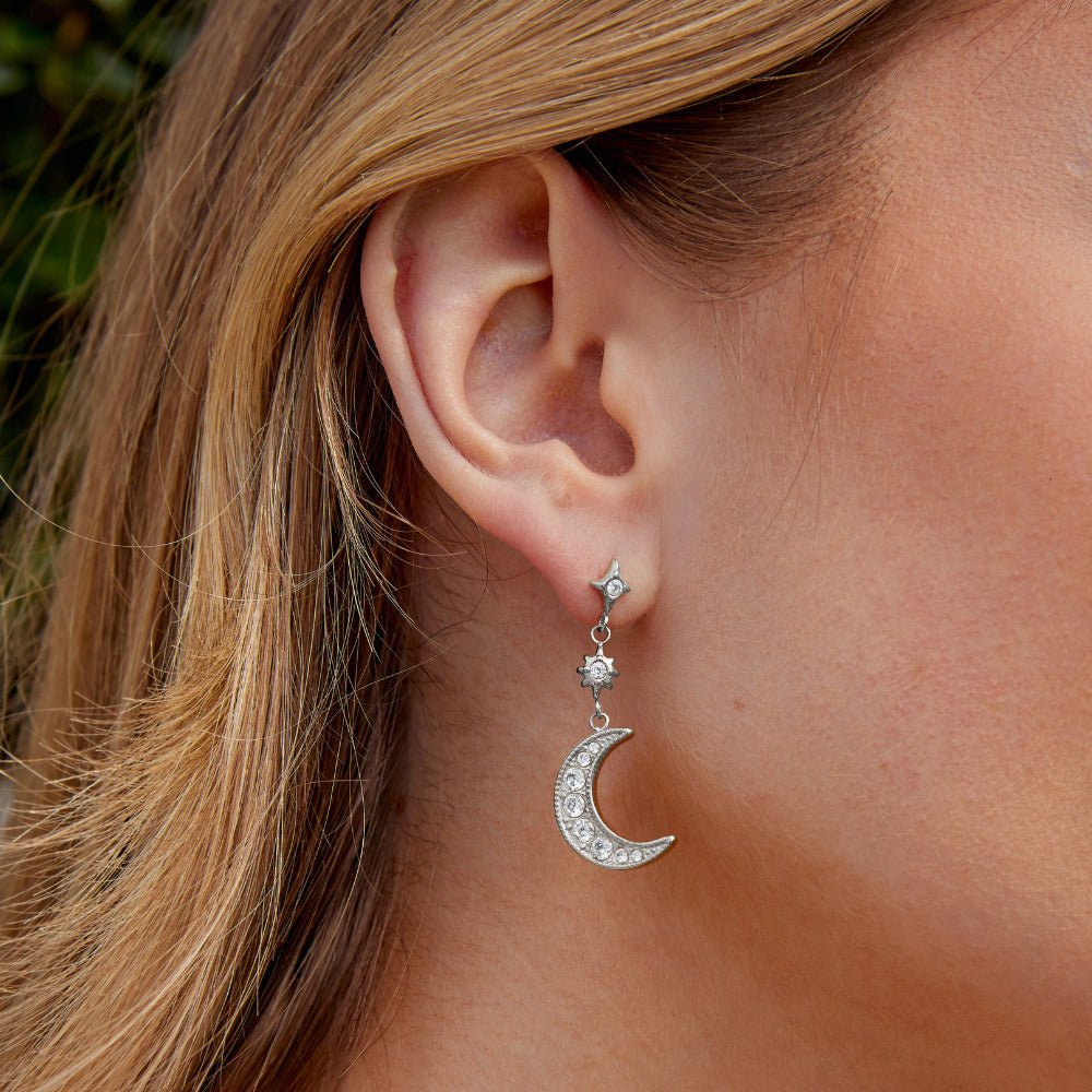 Silver-Tone Crystal Moon & Star Earrings