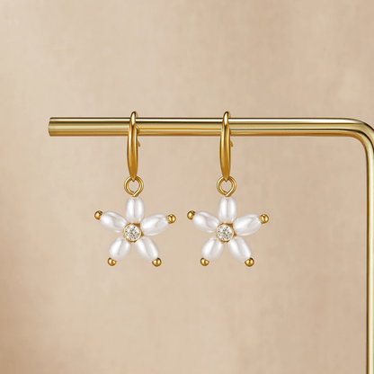 White Flower Pearl Drop Earrings