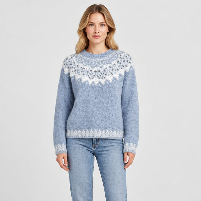 Jacquard Sweater for Women – Relaxed Geometric Pattern Crew Neck